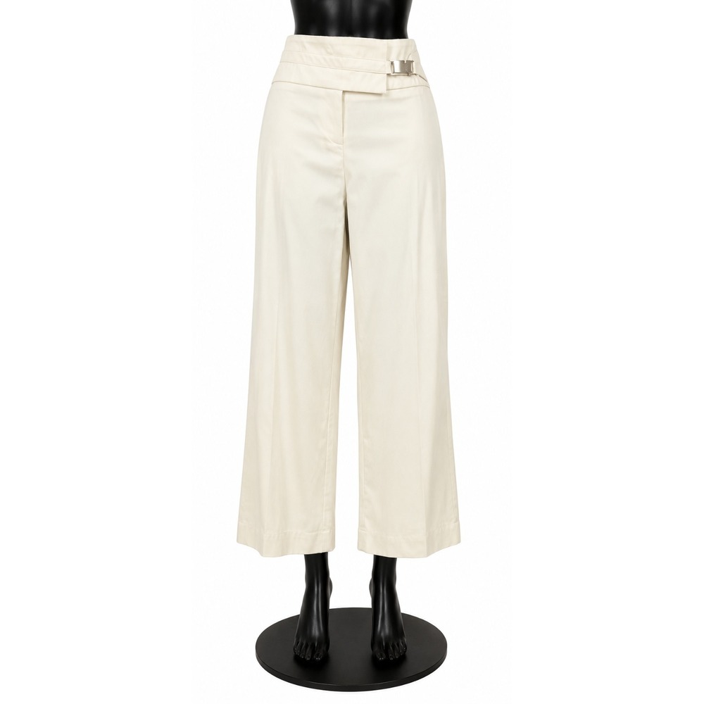 Jendo Womens Exotic Capri Pants Silver Waistband Clasp Size 4 Ivory Cotton Twill